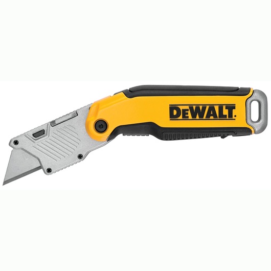 DEWALT yellow and black folding utility knife with exposed blade, ergonomic handle, and logo on the side.