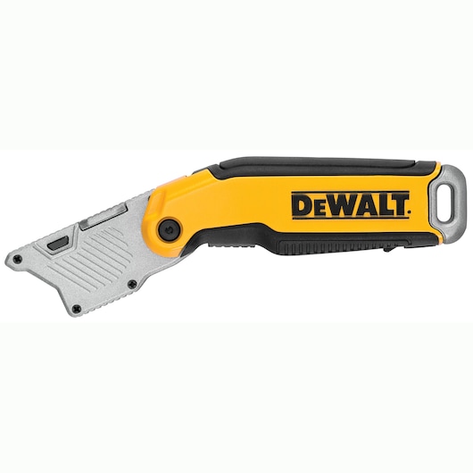 DEWALT yellow and black folding utility knife with exposed blade, shown on a plain background.