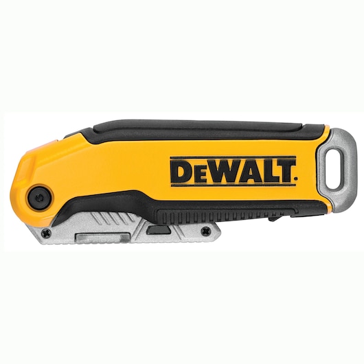 Closed DEWALT utility knife with yellow and black handle, compact design, and visible brand logo.