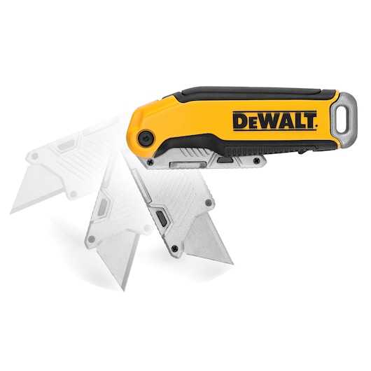 DEWALT folding utility knife with yellow and black handle and movable blade positions.