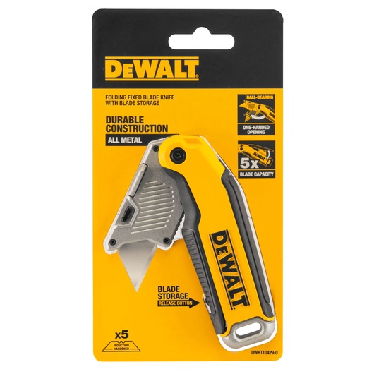 DEWALT folding fixed blade knife in yellow packaging, features blade storage and durable metal construction.