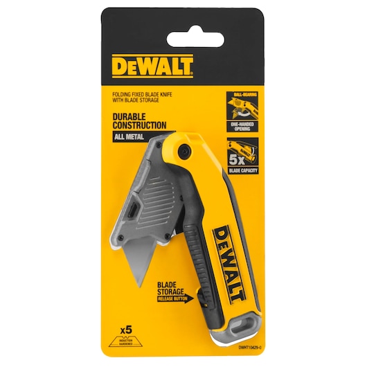 DEWALT folding fixed blade knife in yellow packaging, features blade storage and durable all-metal construction.