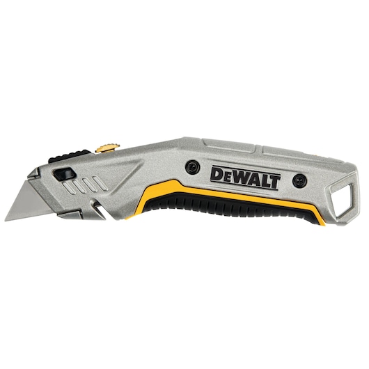DEWALT utility knife with a silver and yellow handle and retractable blade, shown on a white background.