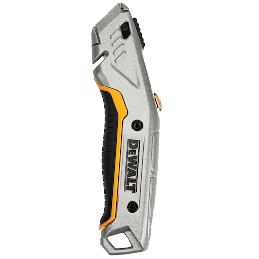 DEWALT utility knife with black and yellow grip, silver body, branded handle, sharp blade.