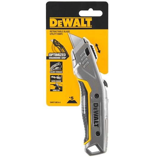 DEWALT retractable blade utility knife in packaging, ergonomic grip, blade storage, rapid change, and twine cut.