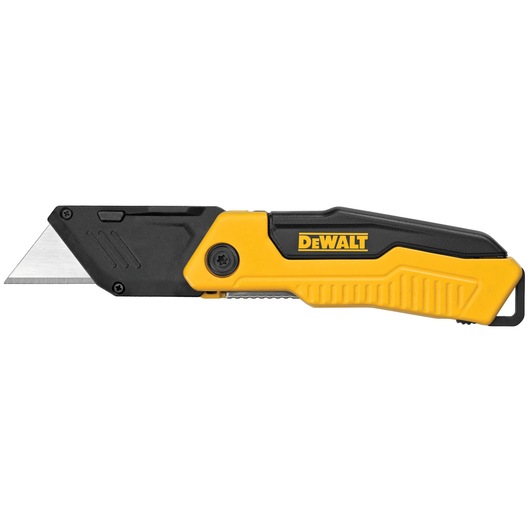 A DEWALT folding utility knife with a yellow and black handle and a sharp replaceable blade.