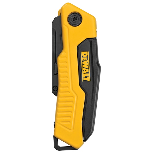 Closed DEWALT utility knife with yellow and black handle, compact design, and visible DEWALT logo on the side.