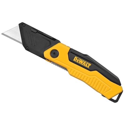 Yellow and black DEWALT utility knife with folding blade for cutting tasks.