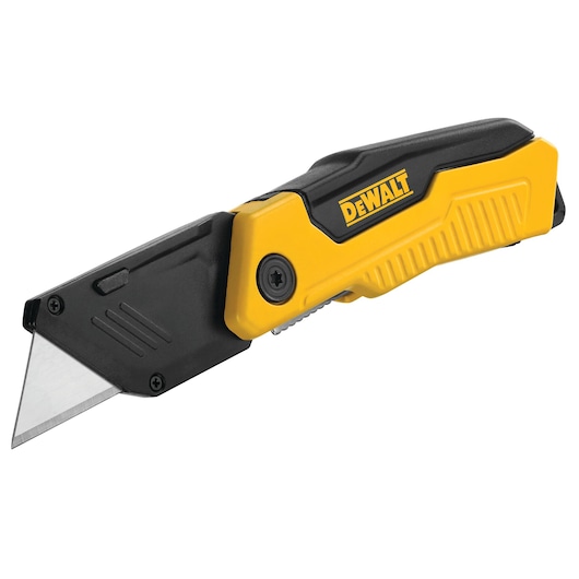 Yellow and black DEWALT folding utility knife with exposed blade, ergonomic handle, and modern design.