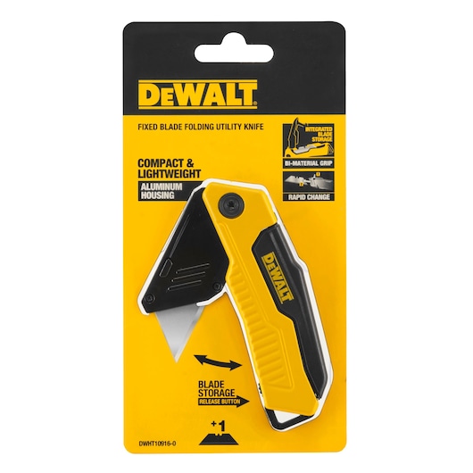 DEWALT compact folding utility knife in yellow and black packaging. Includes blade storage and rapid change feature.