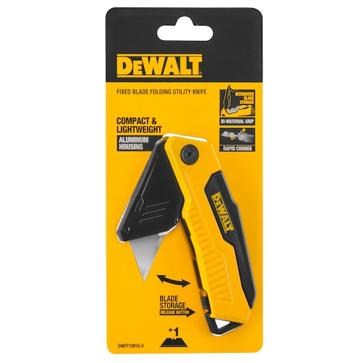 DEWALT compact folding utility knife with yellow and black handle, in retail packaging.