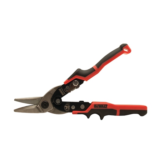 DEWALT aviation snips with black and red ergonomic handle, shown with blades open on white background.