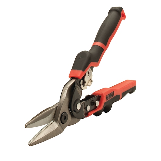 DEWALT metal cutting snips with angled blades and ergonomic black and red handle, shown on a white background.