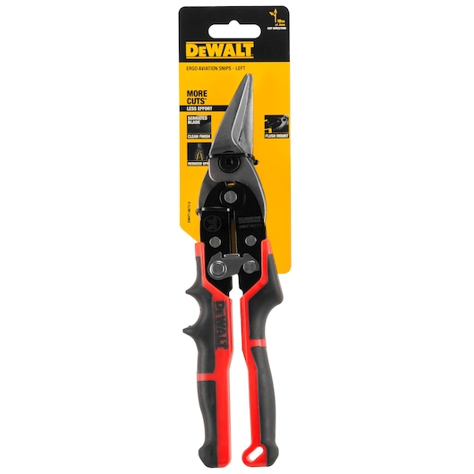 DEWALT Ergo Aviation Snips, left cut model DWHT14673-0, with black and red handle in packaging.