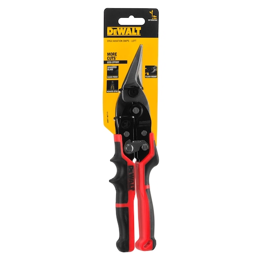 DEWALT ergo aviation snips with red and black handle, packaged upright on a yellow branded card.