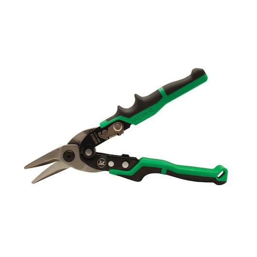 DEWALT green and black aviation snips with ergonomic handles for cutting metal sheets.