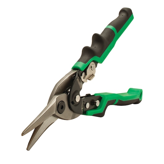 A pair of green and black DEWALT straight-cut aviation snips with ergonomic handle.