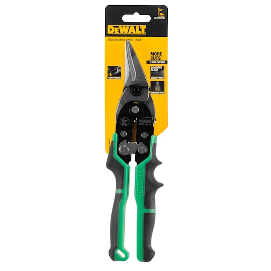 DEWALT Ergo aviation snips DWHT14674-0 in packaging with black and green handle, shown upright.