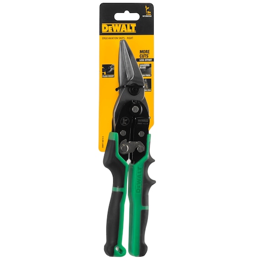 DEWALT aviation snips DWHT14674-0 in packaging, black and green handle, used for cutting metal sheets.