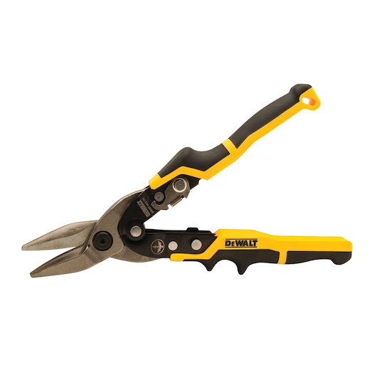 DEWALT metal snips with yellow and black ergonomic handle, designed for cutting sheet metal.