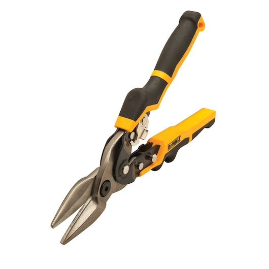 DEWALT metal cutting snips with black and yellow ergonomic handle, angled blades for precision cuts.