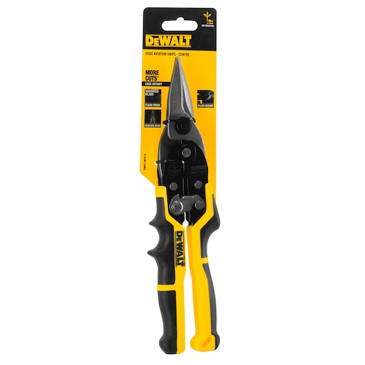 DEWALT ergo aviation snips DWHT14675-0 in packaging, with black and yellow handle for cutting metal.