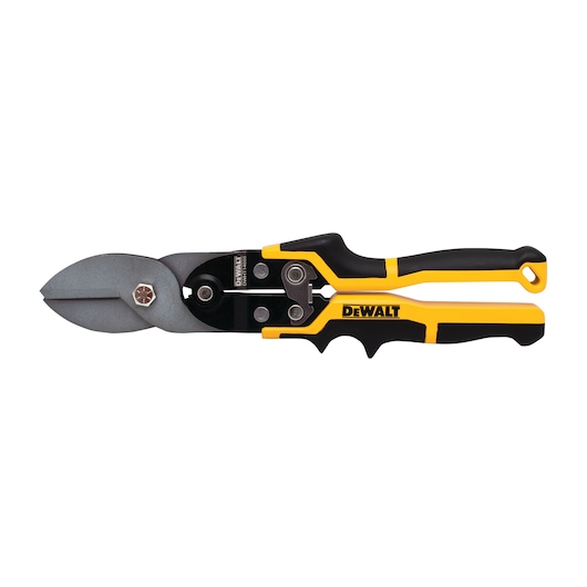 DEWALT metal cutting snips with black and yellow handle, side view against white background.