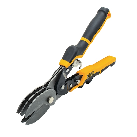 DEWALT metal cutting snips with ergonomic black and yellow handles and three cutting blades.