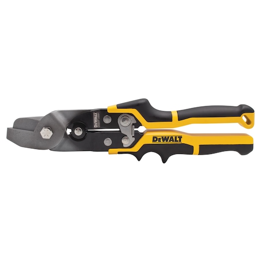 DEWALT aviation snips with yellow-black handle, used for cutting sheet metal and similar materials.