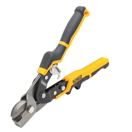DEWALT metal cutting snips with black and yellow ergonomic handles, photographed on a white background.