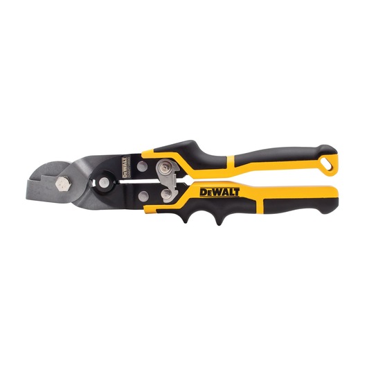 DEWALT metal cutting snips with black and yellow ergonomic handle shown on white background.