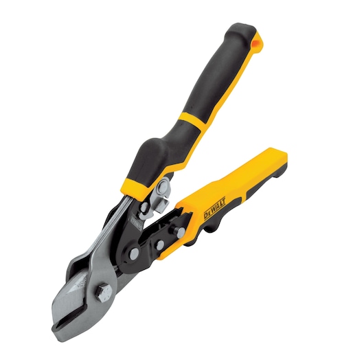 DEWALT metal snips with black and yellow ergonomic handles, angled cutting blades shown on white background.