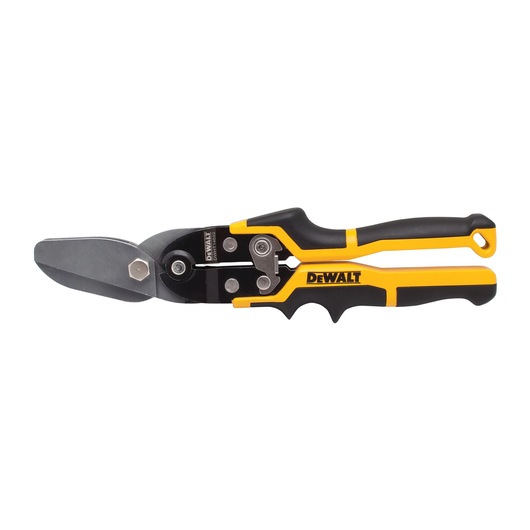 DEWALT metal cutting snips with yellow and black ergonomic handle, isolated on white background.