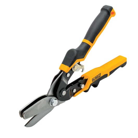 DEWALT aviation snips with black and yellow grip handles for cutting sheet metal.