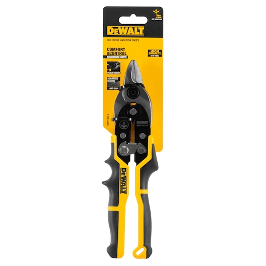 DEWALT bullnose aviation snips in black and yellow packaging, ergonomic grips and steel blades.