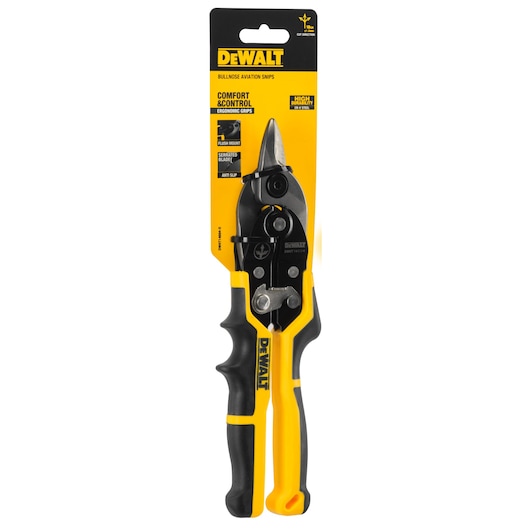 DEWALT bullnose aviation snips with ergonomic black and yellow handle, shown in retail packaging.