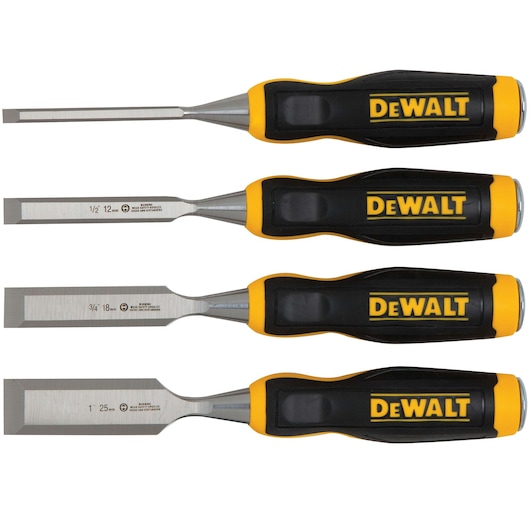 Four DEWALT chisels with black and yellow handles are shown arranged horizontally. The chisels have different blade widths, ranging from narrow to wide.
