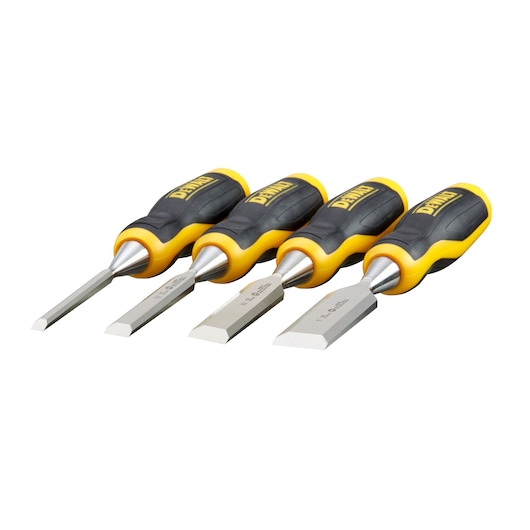 Set of four DEWALT wood chisels with black and yellow handles, arranged in a row on a white background.