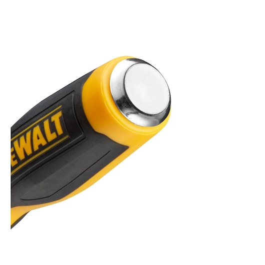 Close-up of a DEWALT tool handle with a yellow and black grip and a metal striking end.