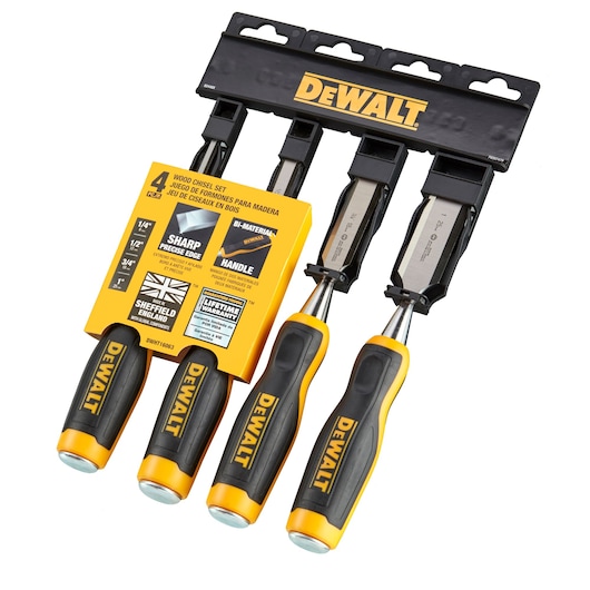 DEWALT wood chisel set with four chisels, yellow and black handles, packaged for retail display.