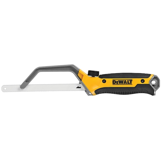 DEWALT hand saw with yellow and black ergonomic handle and metal frame, suitable for cutting various materials.