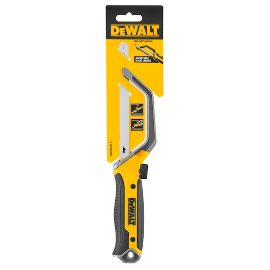 DEWALT mini hacksaw DWHT20327-0 with adjustable blade length, packaged in yellow and black.