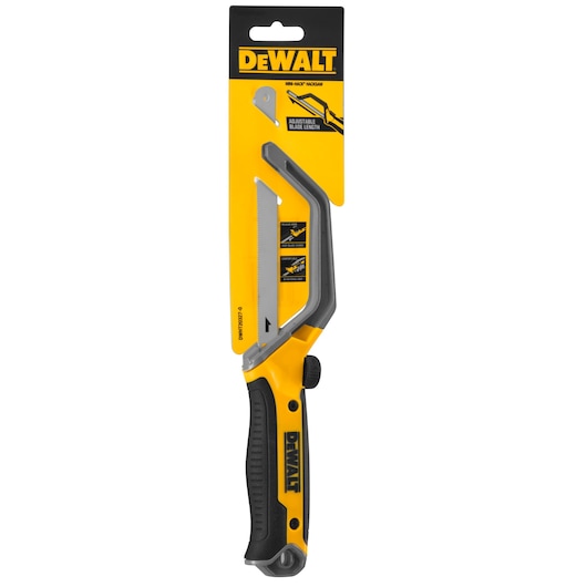 DEWALT mini hacksaw DWHT20327-0, yellow and black, features adjustable blade length in retail packaging.
