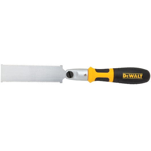 DEWALT hand saw with a rectangular blade and black-yellow ergonomic handle, shown on a white background.