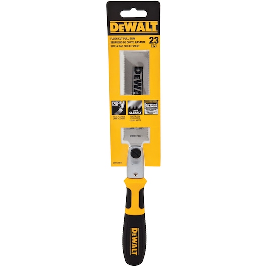 DEWALT flush cut pull saw DWHT20541-0 with black and yellow handle in retail packaging.