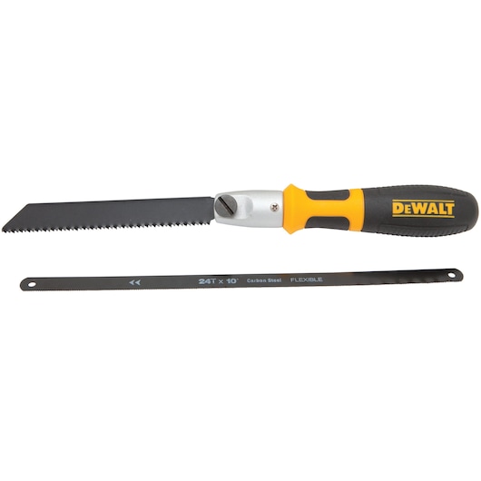 DEWALT hand saw with ergonomic handle and extra carbon steel blade, both shown against a white background.