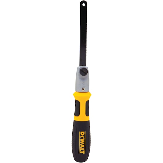 DEWALT hand saw with yellow and black ergonomic handle and straight metal blade, shown vertically.