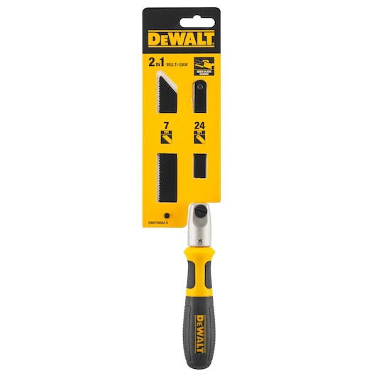 DEWALT DWHT20542-0 multi-saw with two exchangeable blades, packaged in yellow and black.