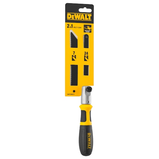 DEWALT 2-in-1 multi-saw with ergonomic handle and two saw blades in yellow and black packaging.