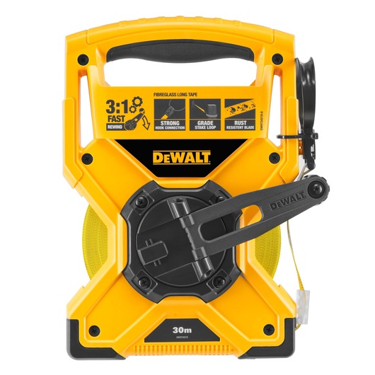 DEWALT 30m yellow fiberglass long tape measure with fast rewind and ergonomic handle.